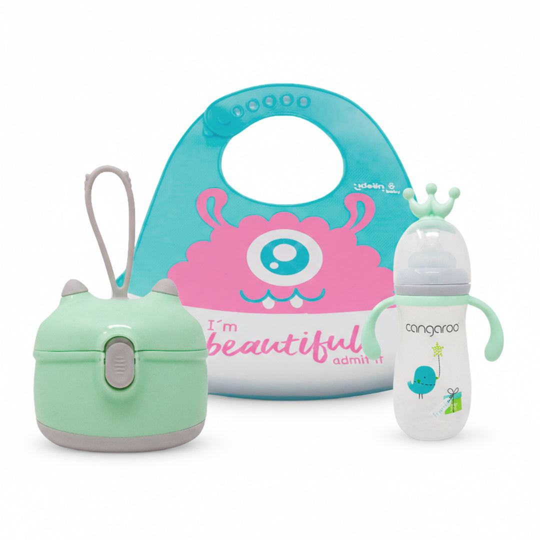 Set Bebé 3 Piezas - Biberón, Babero y Dispensador