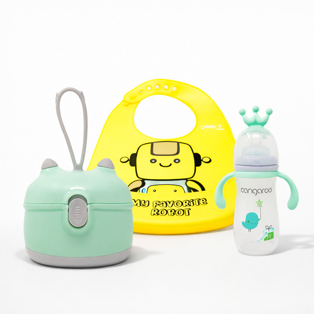 Set Bebé 3 Piezas - Biberón, Babero y Dispensador