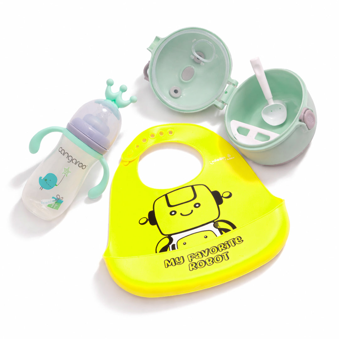 Set Bebé 3 Piezas - Biberón, Babero y Dispensador