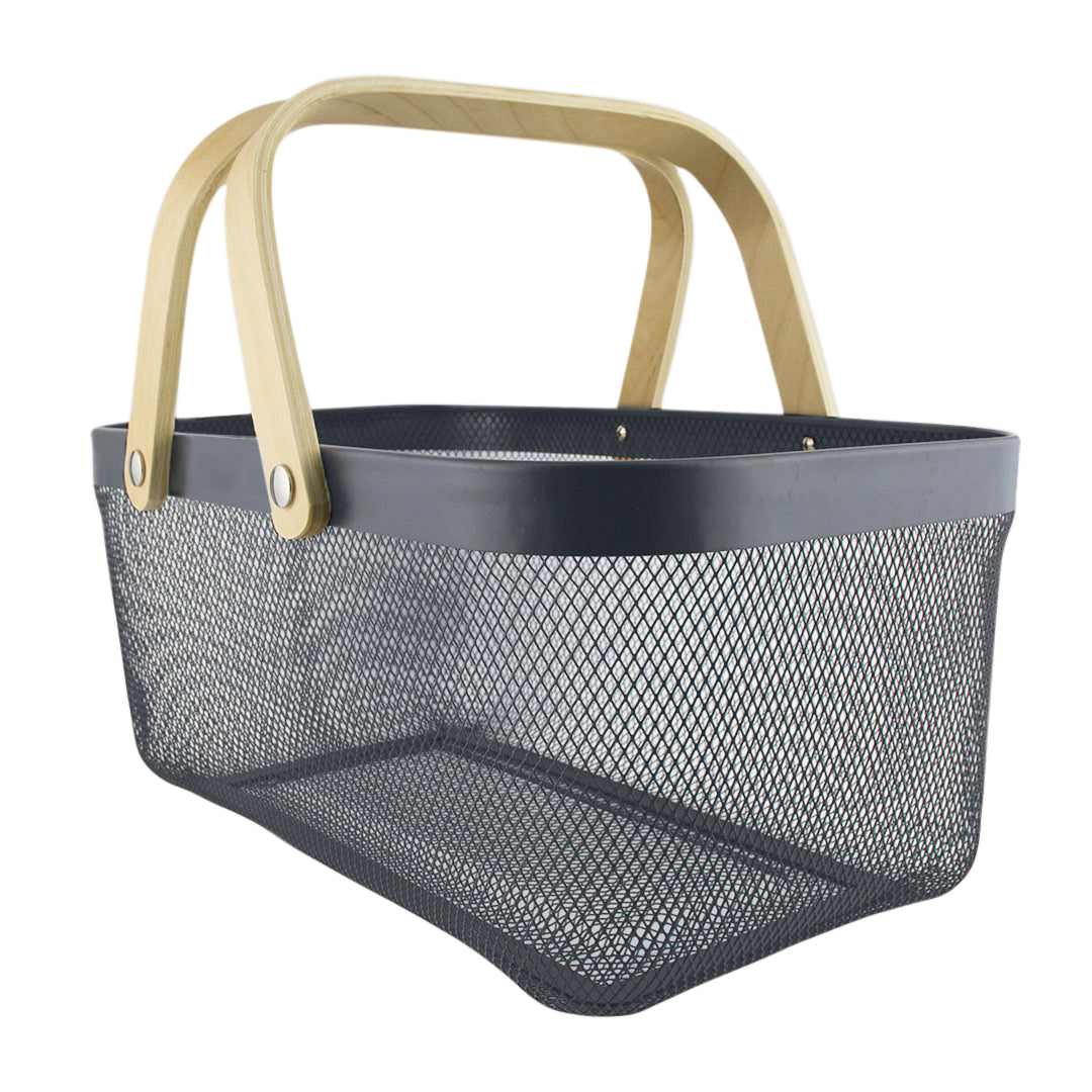 Cesta Metálica Gris Asa De bambú - Rectangular