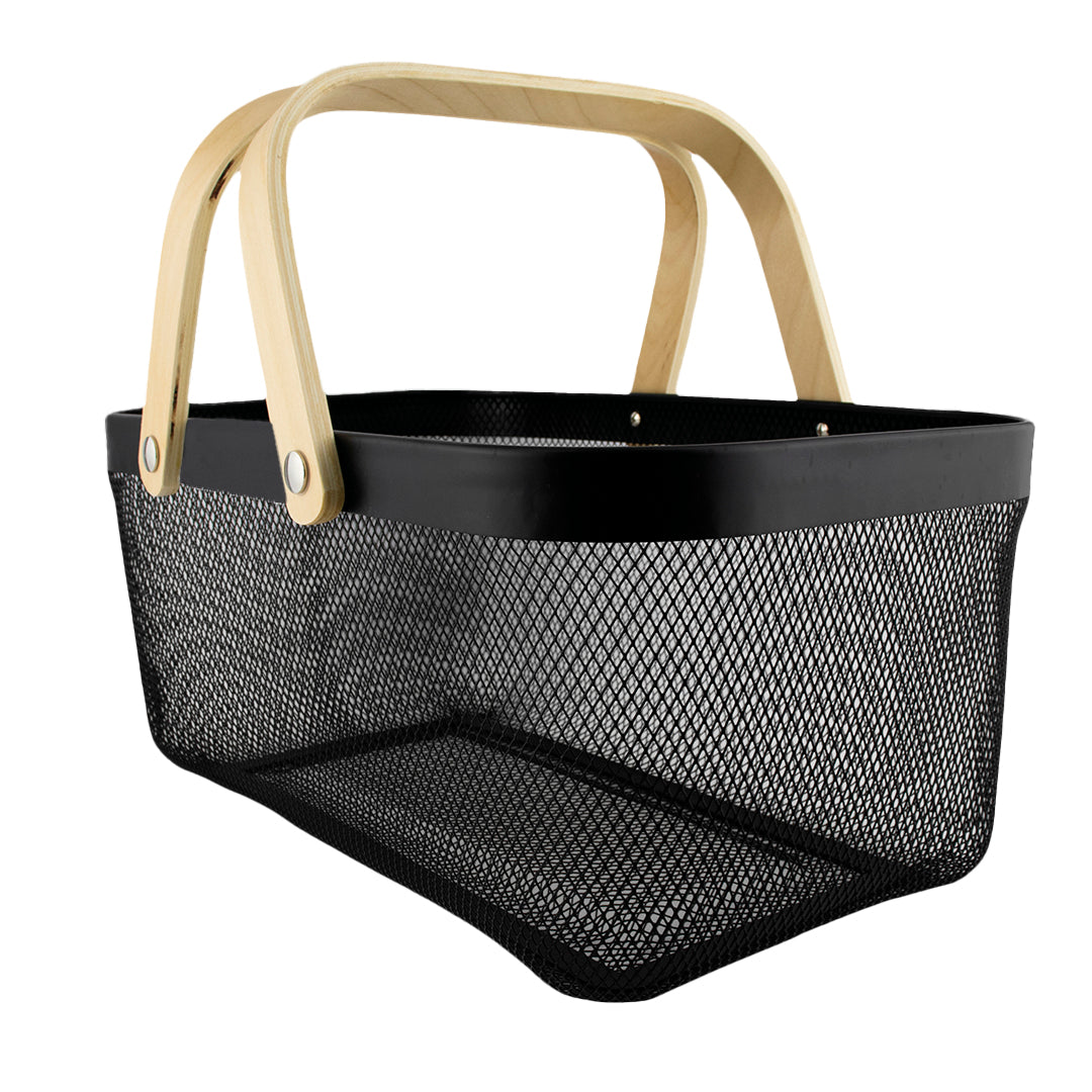 Cesta Metálica Negra Asa De bambú - Rectangular