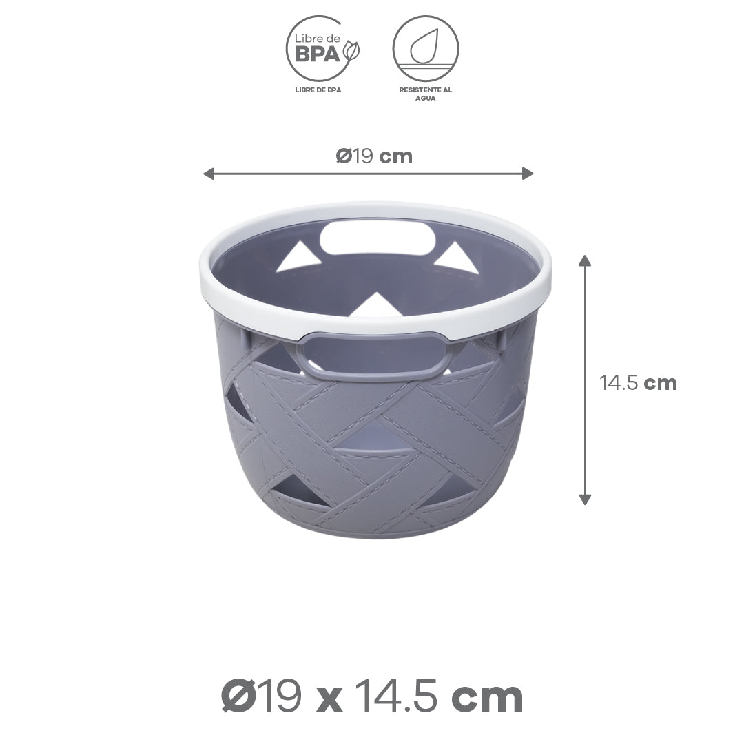 Canasta Redonda Gris con Diseño Trenzado