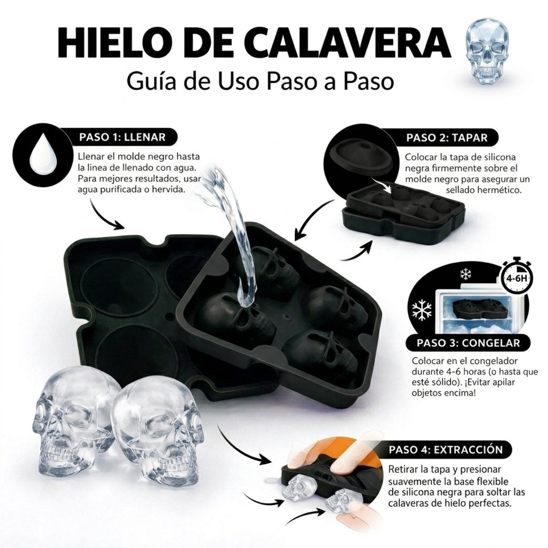 Bandeja de Hielo Calavera 3D Negra 4 Espacios