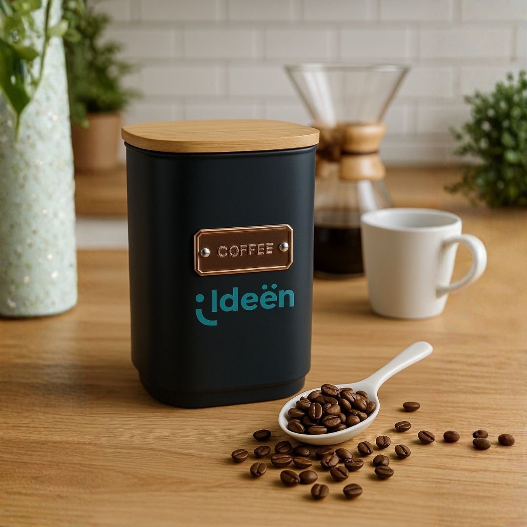 Contenedor Metálico Cuadrado para Café - Tapa de Bambú