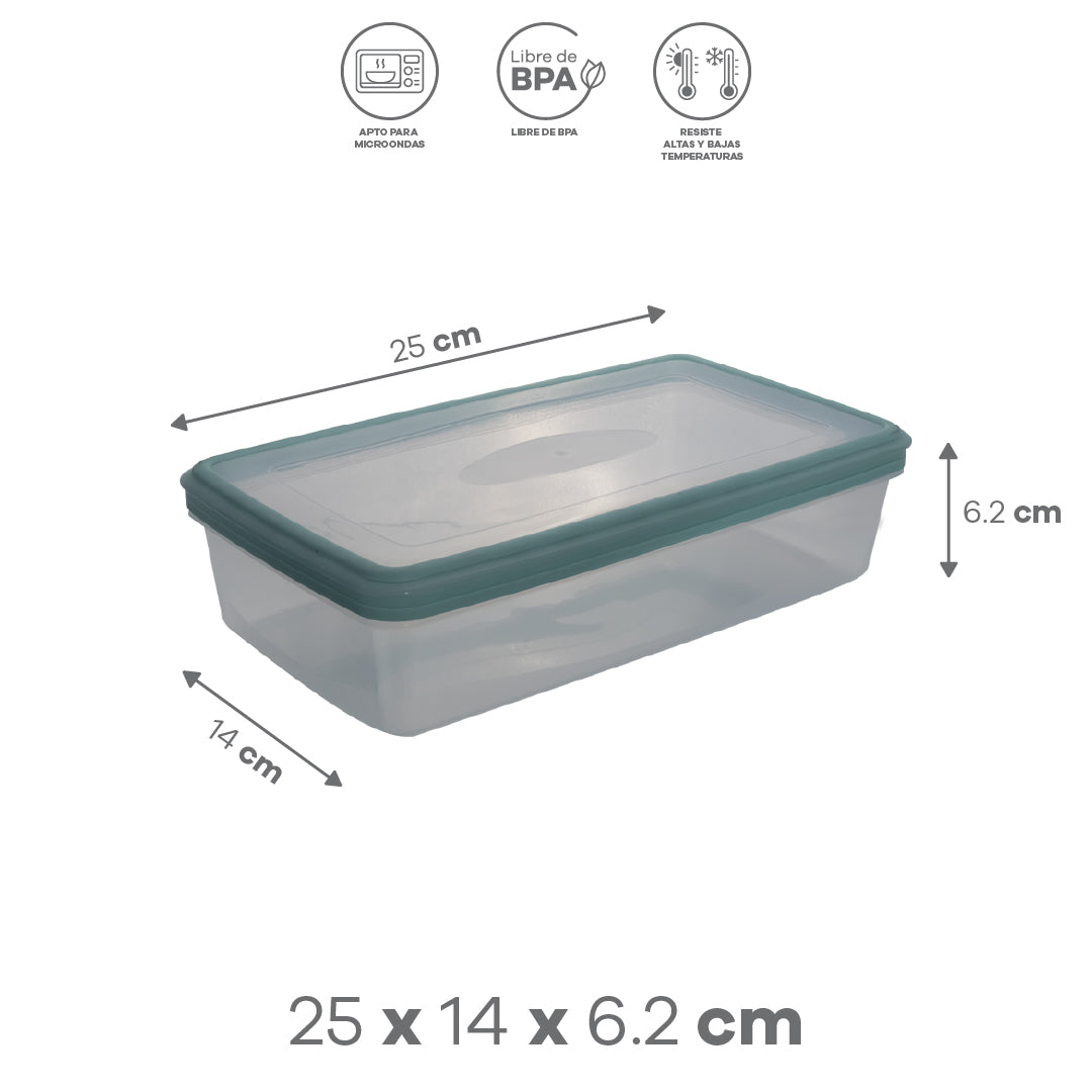 Contenedor para Comida Rectangular Transparente con Tapa Verde 1.5L
