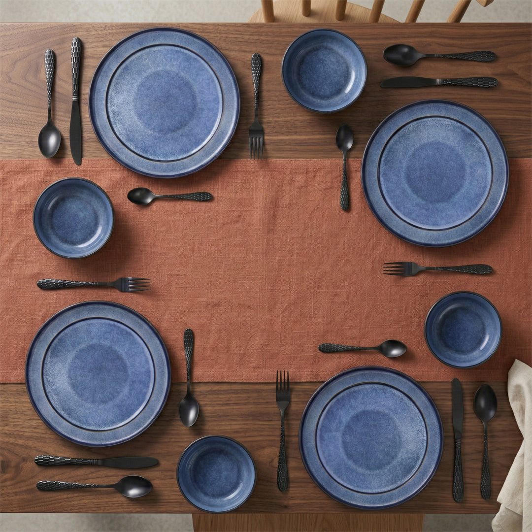 Vajilla Cerámica Tallrikar Azul Jaspeado con Cubiertos