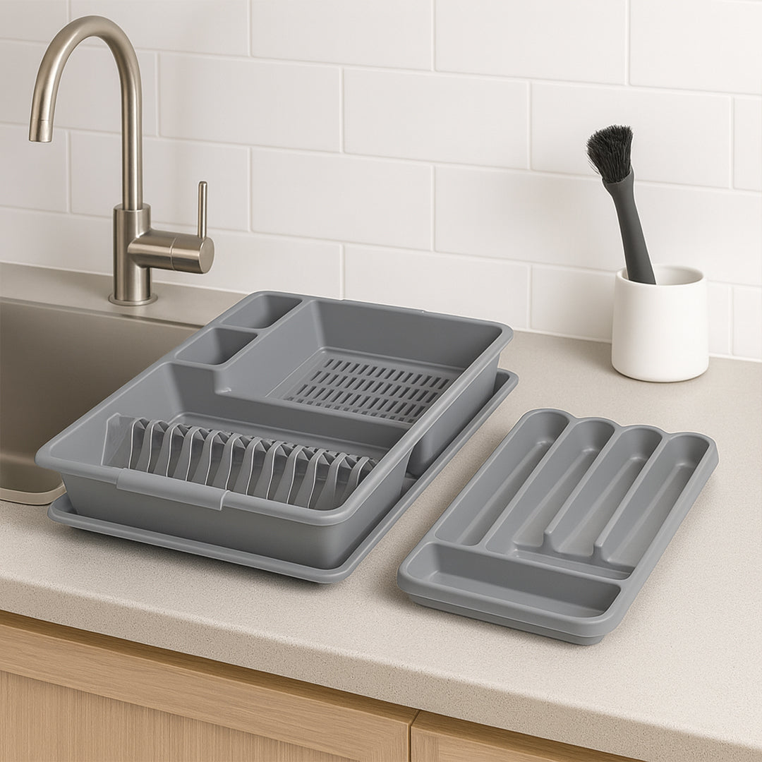 Set de Escurridor y Portacubiertos de Plástico Resistente - Color Gris