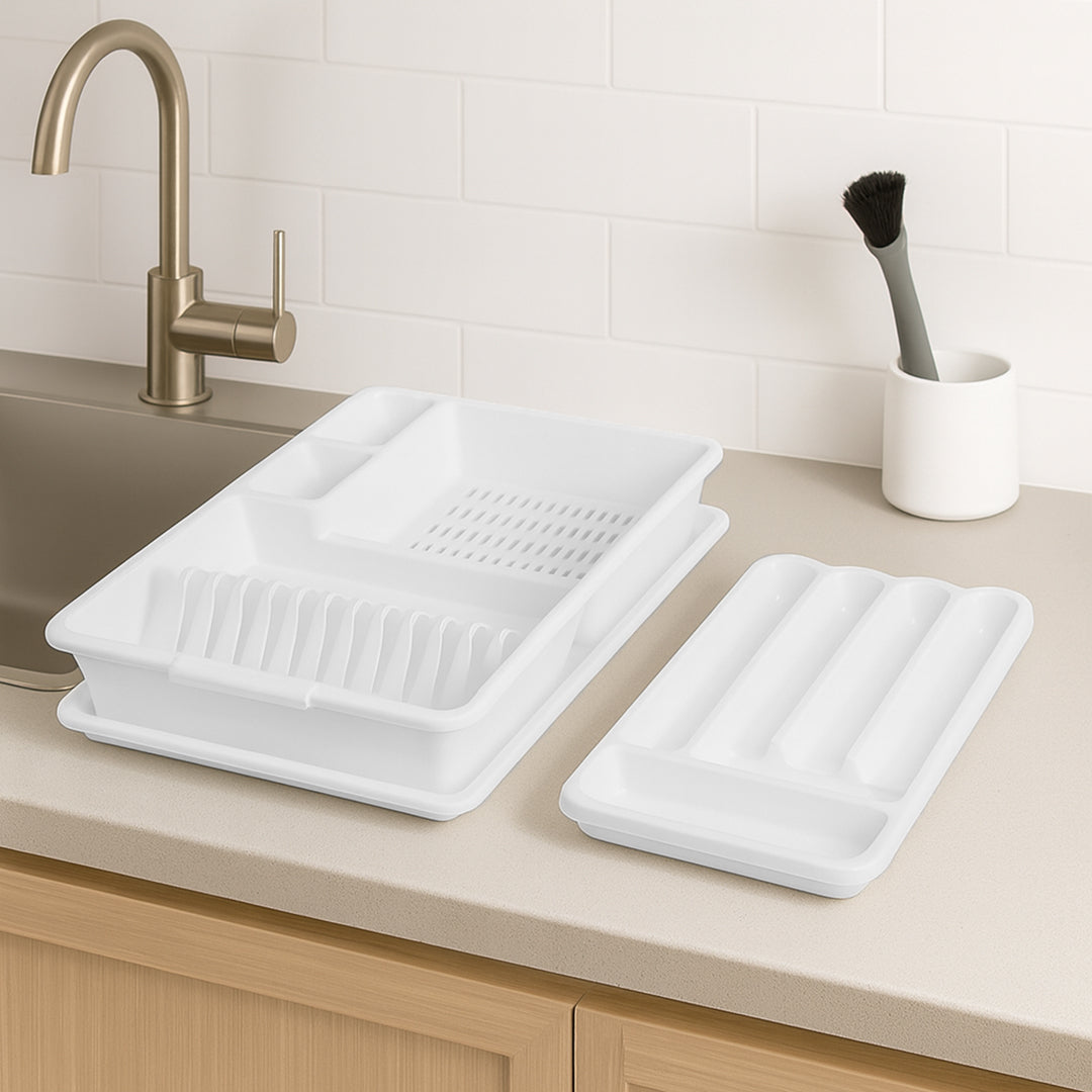 Set de Escurridor y Portacubiertos de Plástico Resistente - Color Blanco