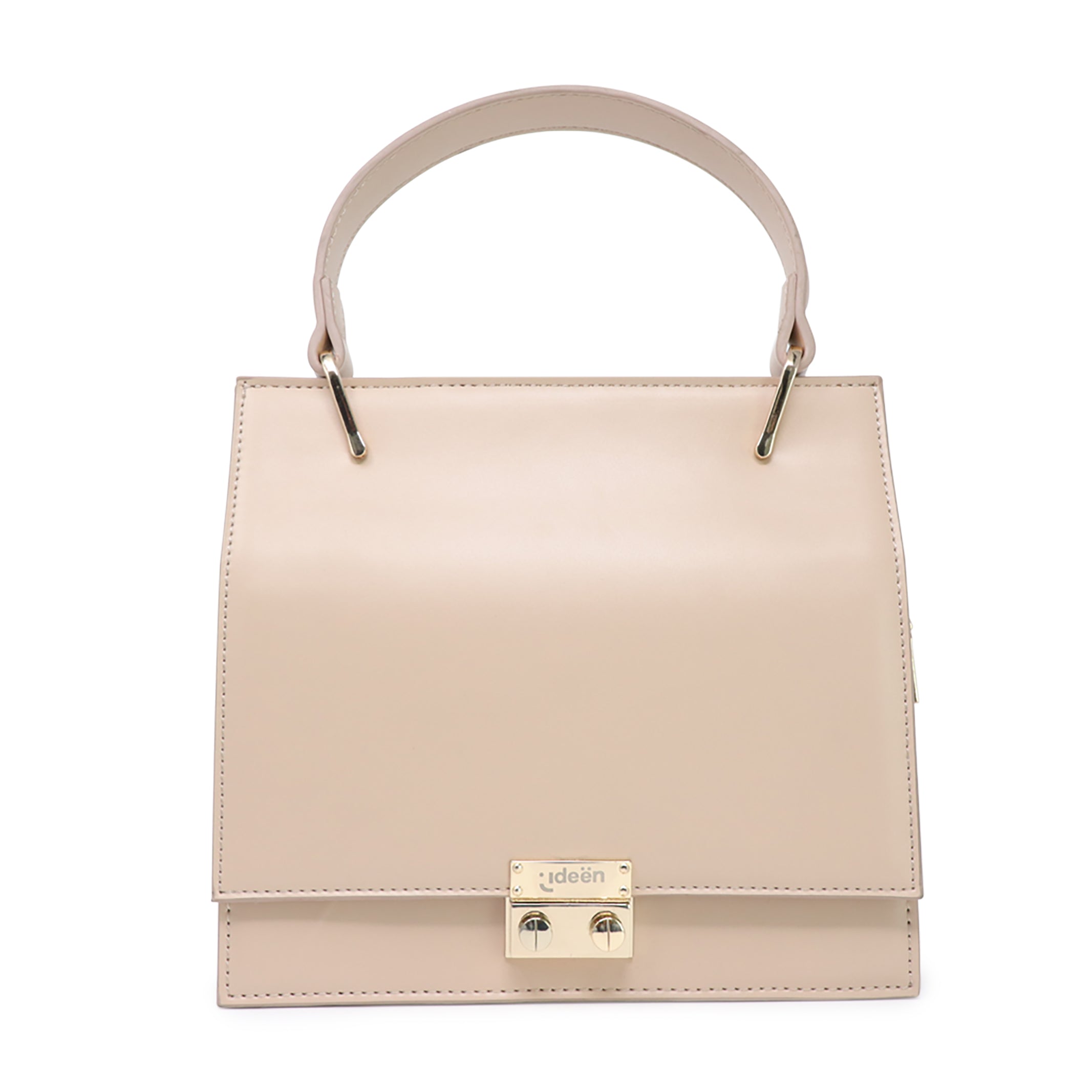 Bolso de Mano Elegante Beige con Cierre Dorado y Correa Desmontable