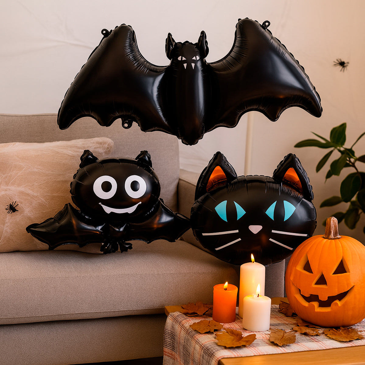 Set de 3 Globos de Halloween: Murciélagos y Gato Negro