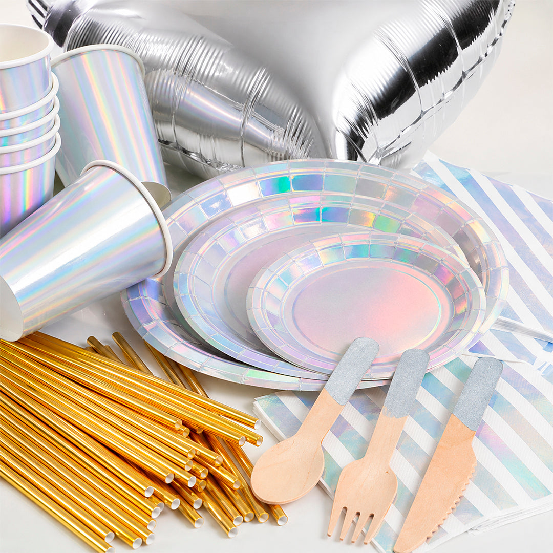 Kit de Fiesta Iridiscente Chic: Platos, Vasos, Cubiertos, Popotes, Servilletas y Decoración