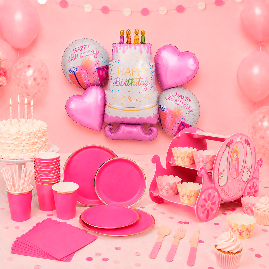 Kit de Fiesta Royal Fucsia & Gold: Platos, Vasos, Cubiertos, Popotes, Servilletas y Decoración