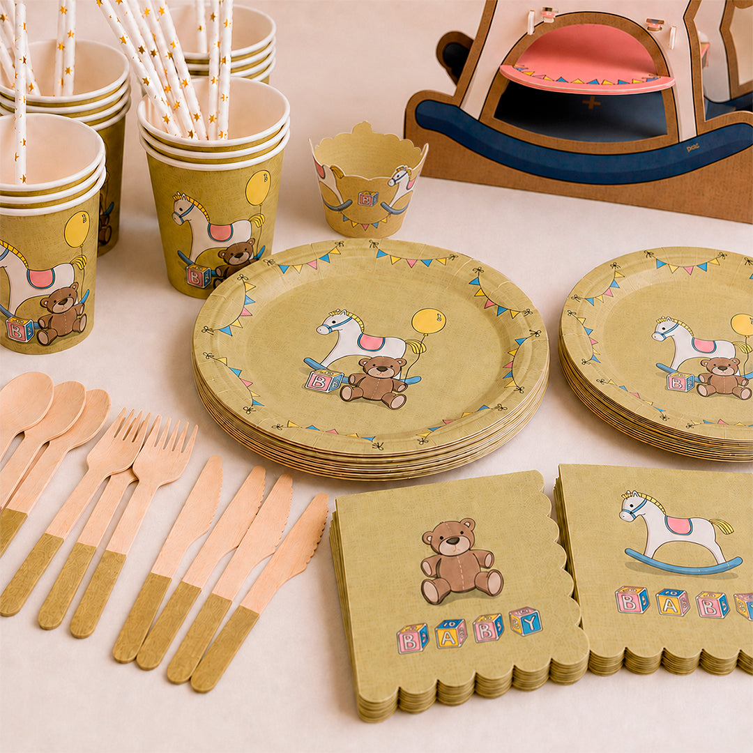 Kit de Fiesta Infantil Caballito: Platos, Vasos, Cubiertos, Popotes, Servilletas y Decoración