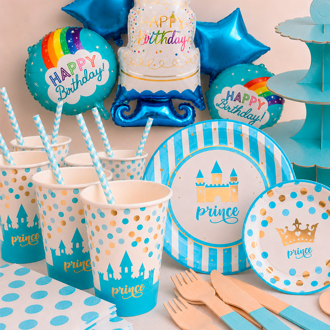 Kit de Fiesta Pequeño Príncipe Azul: Platos, Vasos, Cubiertos, Popotes, Servilletas y Decoración