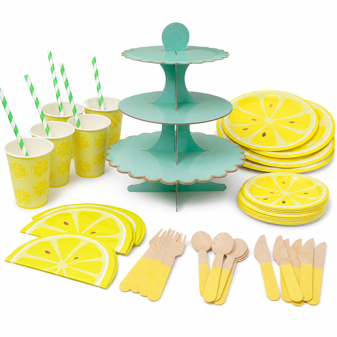 Kit de Fiesta Cítrica Lima: Platos, Vasos, Cubiertos, Popotes, Servilletas y Decoración