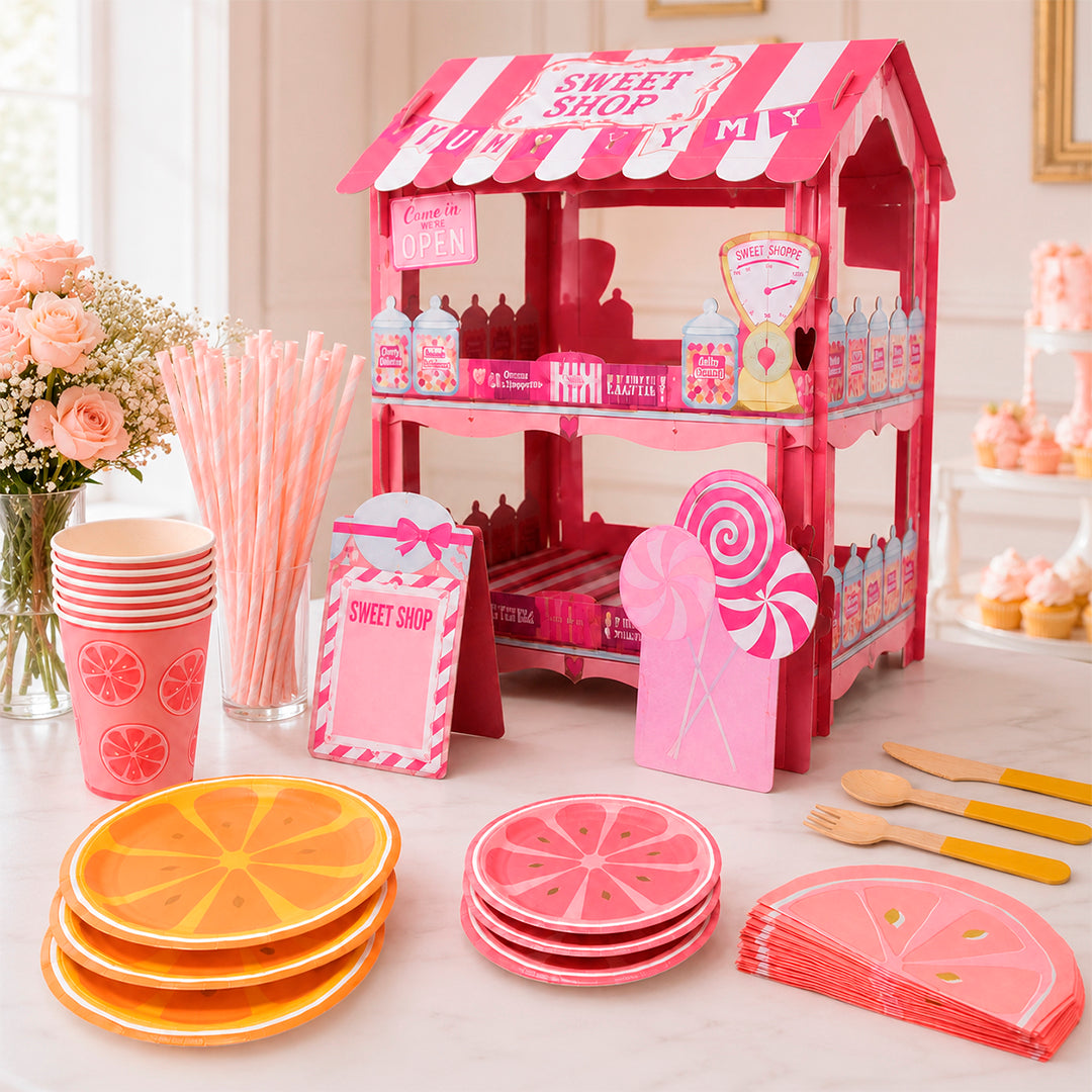 Kit de Fiesta Citrica Toronja: Platos, Vasos, Cubiertos, Popotes, Servilletas y Decoración