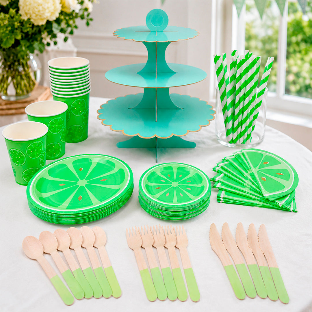 Kit de Fiesta Citrica Limon Verde: Platos, Vasos, Cubiertos, Popotes, Servilletas y Decoración