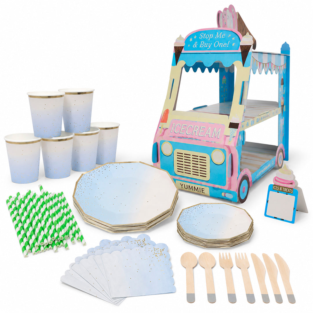 Kit de Fiesta The Royal Blue Celebration: Platos, Vasos, Cubiertos, Popotes, Servilletas y Decoración