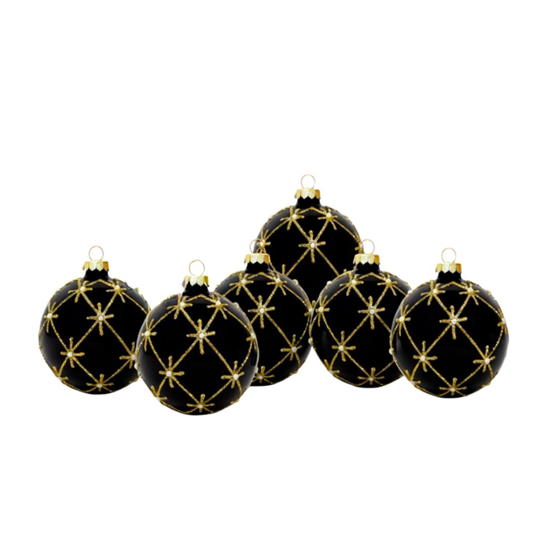 Set de 6 Esferas Navideñas Negras - Estrellas Doradas