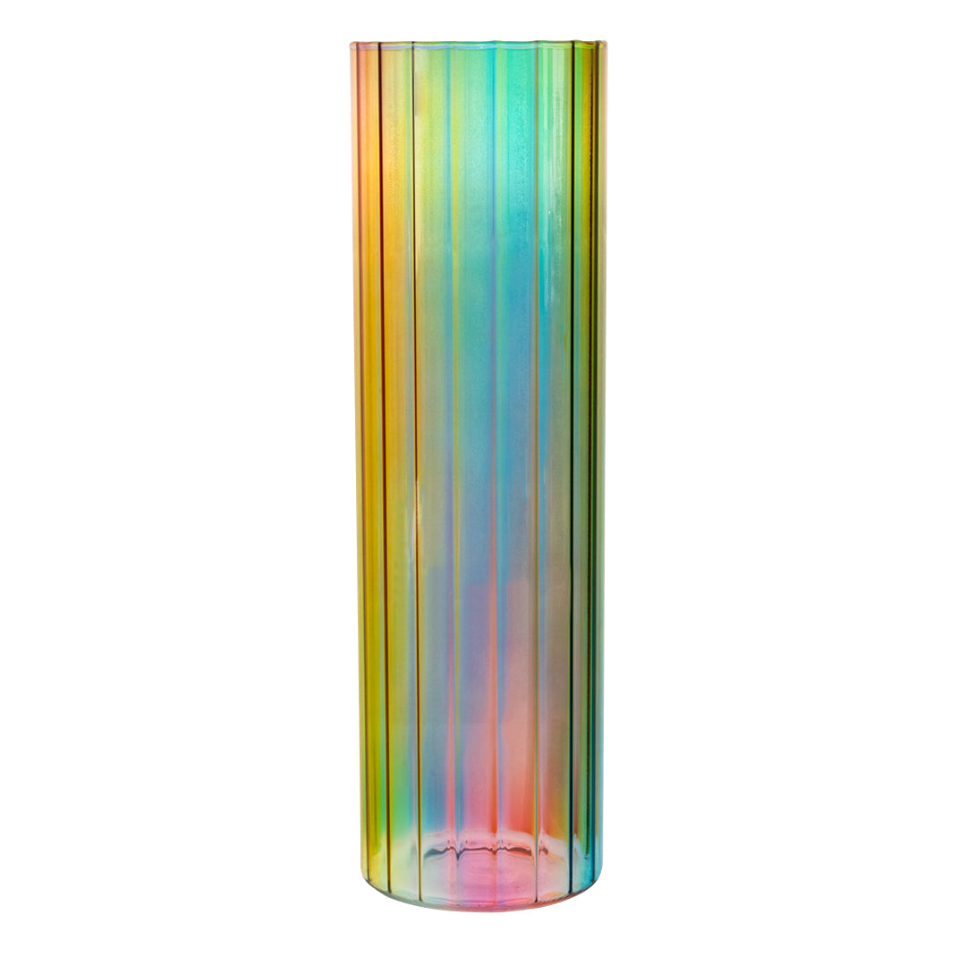 Florero Cilíndrico de Cristal Iridiscente con Efecto Arcoíris
