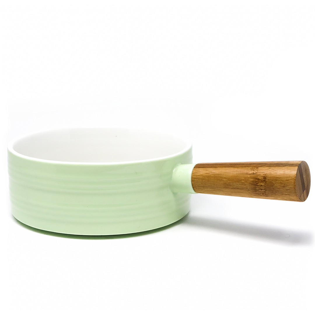 Tazón Cerámica Verde Menta con Mango Madera Estilo Sartén 25cm