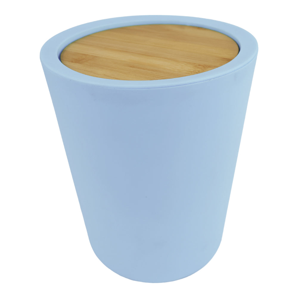 Bote De Basura Azul Con Tapa De Bambú
