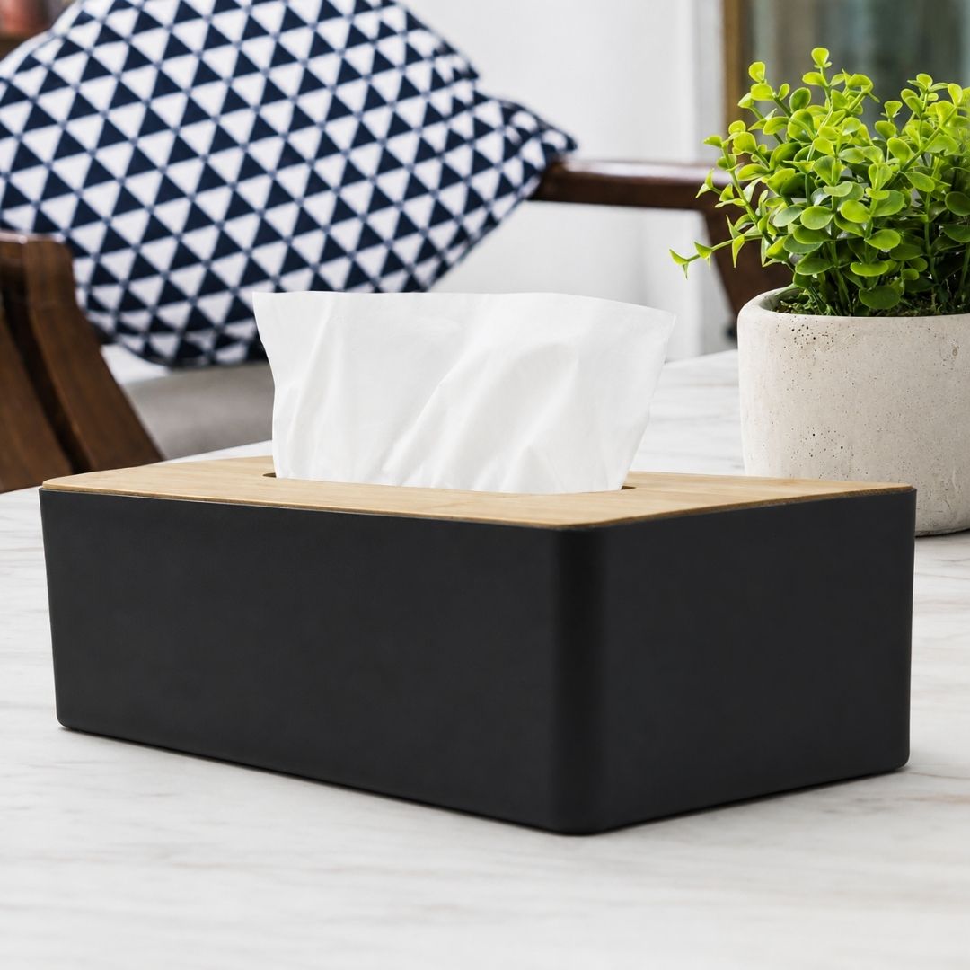 Caja de Pañuelos con Tapa de Bambú - Color Negro