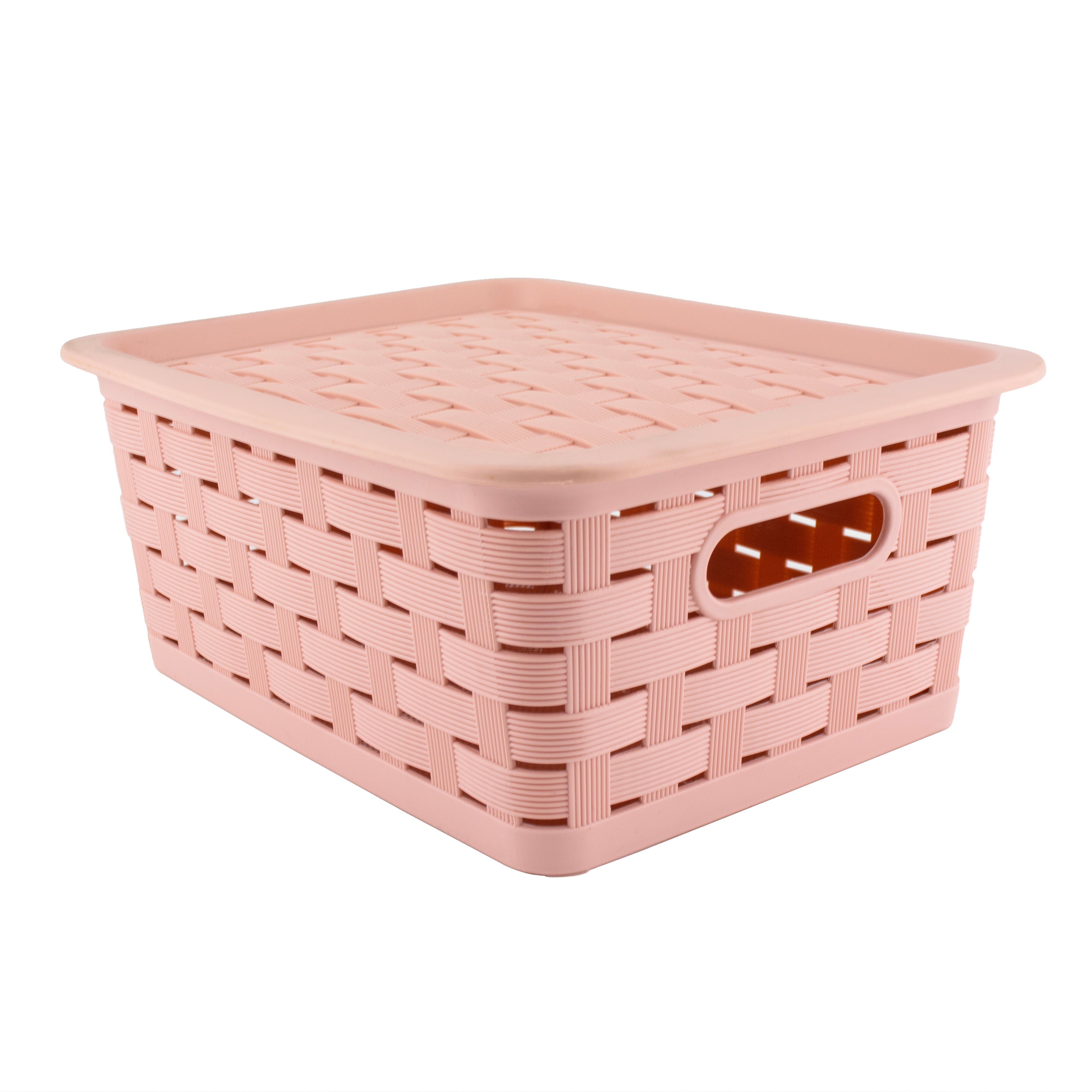 Cesta de Plástico Tipo Rattan con Tapa - Rosa