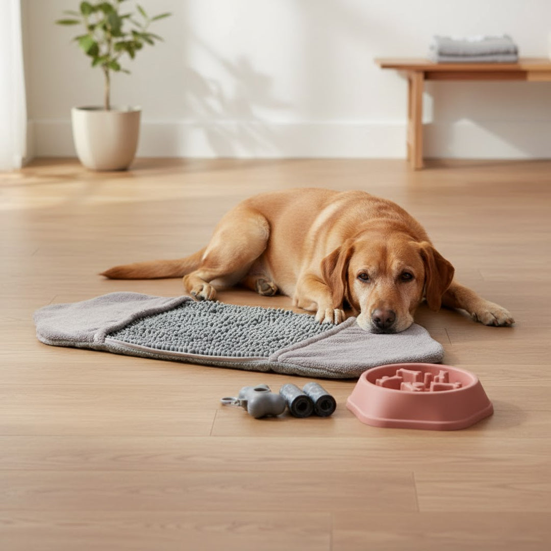 Kit Mascota: Porta Bolsas, Plato Lento Rosa y Toalla