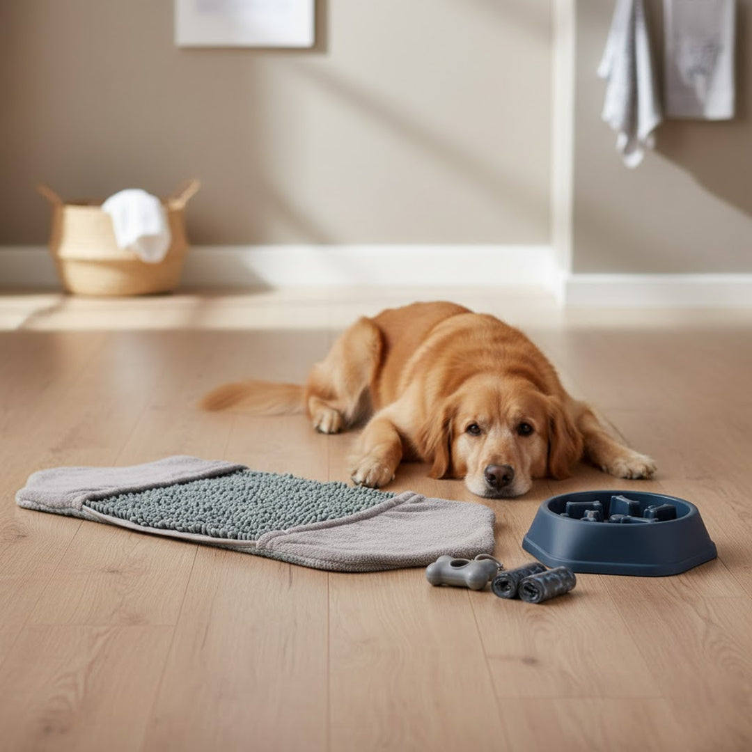 Kit Mascota: Porta Bolsas, Plato Lento Azul y Toalla