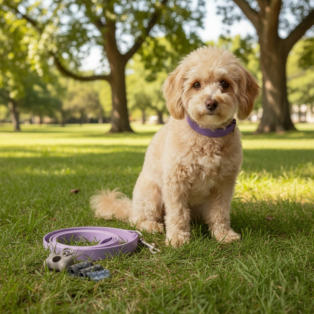 Set de Paseo para Mascota: Collar, Correa y Dispensador - Color Lila