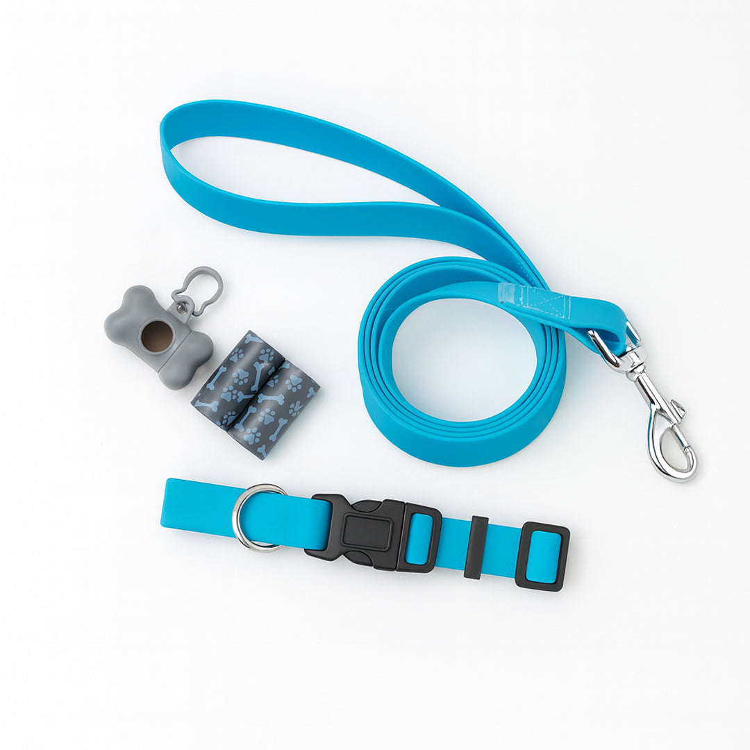 Set de Paseo para Mascota: Collar, Correa y Dispensador - Color Azul