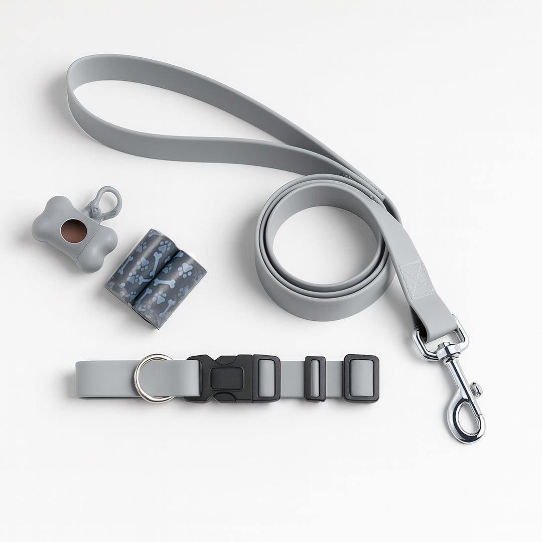 Set de Paseo para Mascota: Collar, Correa y Dispensador - Color Gris