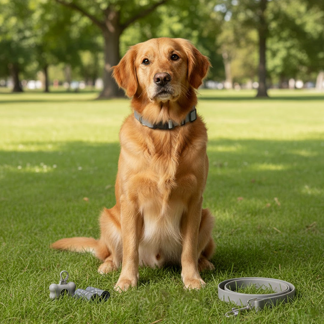 Set de Paseo para Mascota: Collar, Correa y Dispensador - Color Gris
