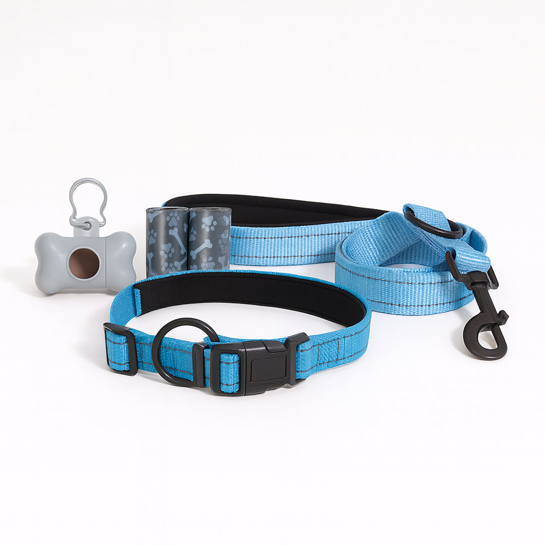 Set Paseo Mascota Reflejante: Correa, Collar y Dispensador de Bolsas - Color Azul