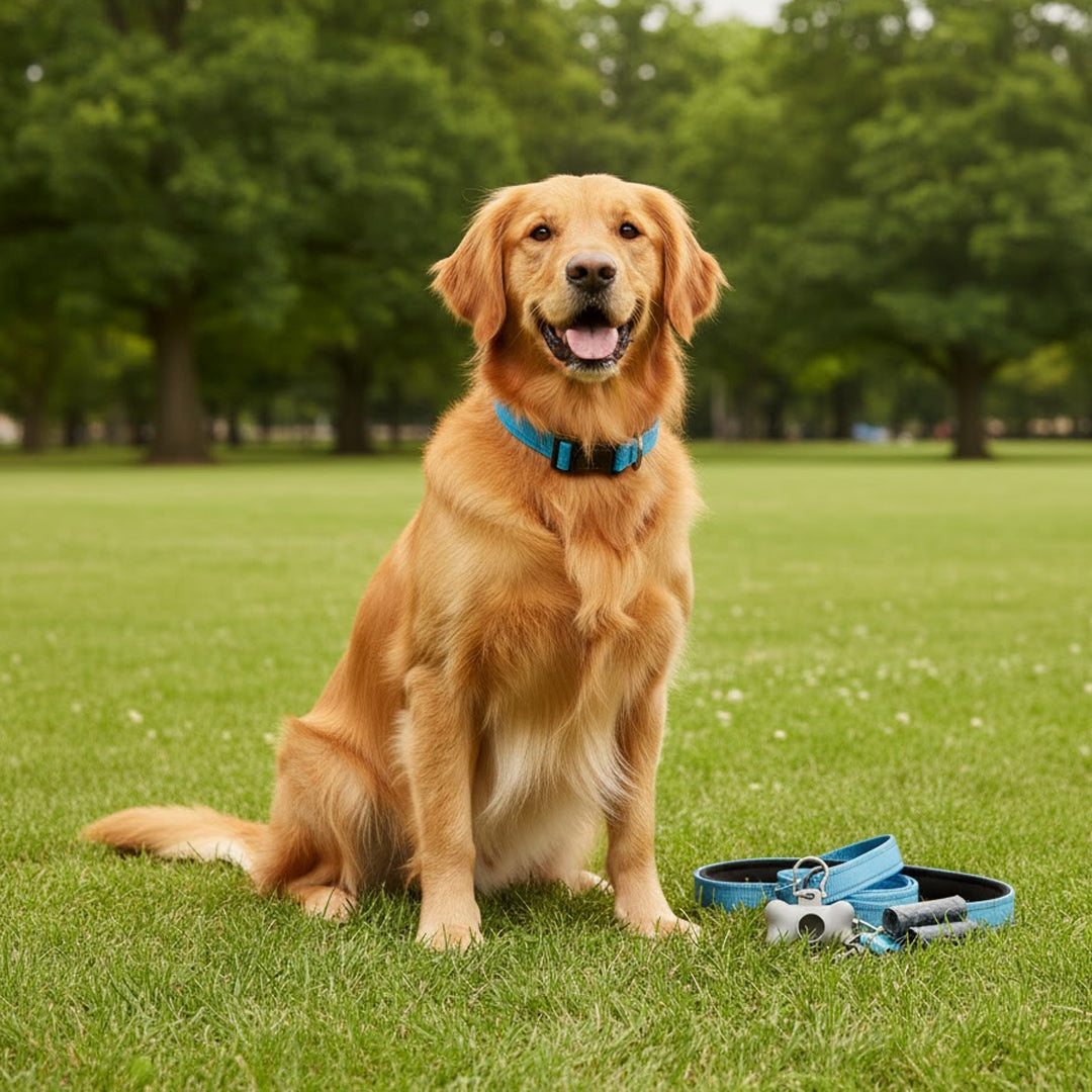 Set Paseo Mascota Reflejante: Correa, Collar y Dispensador de Bolsas - Color Azul