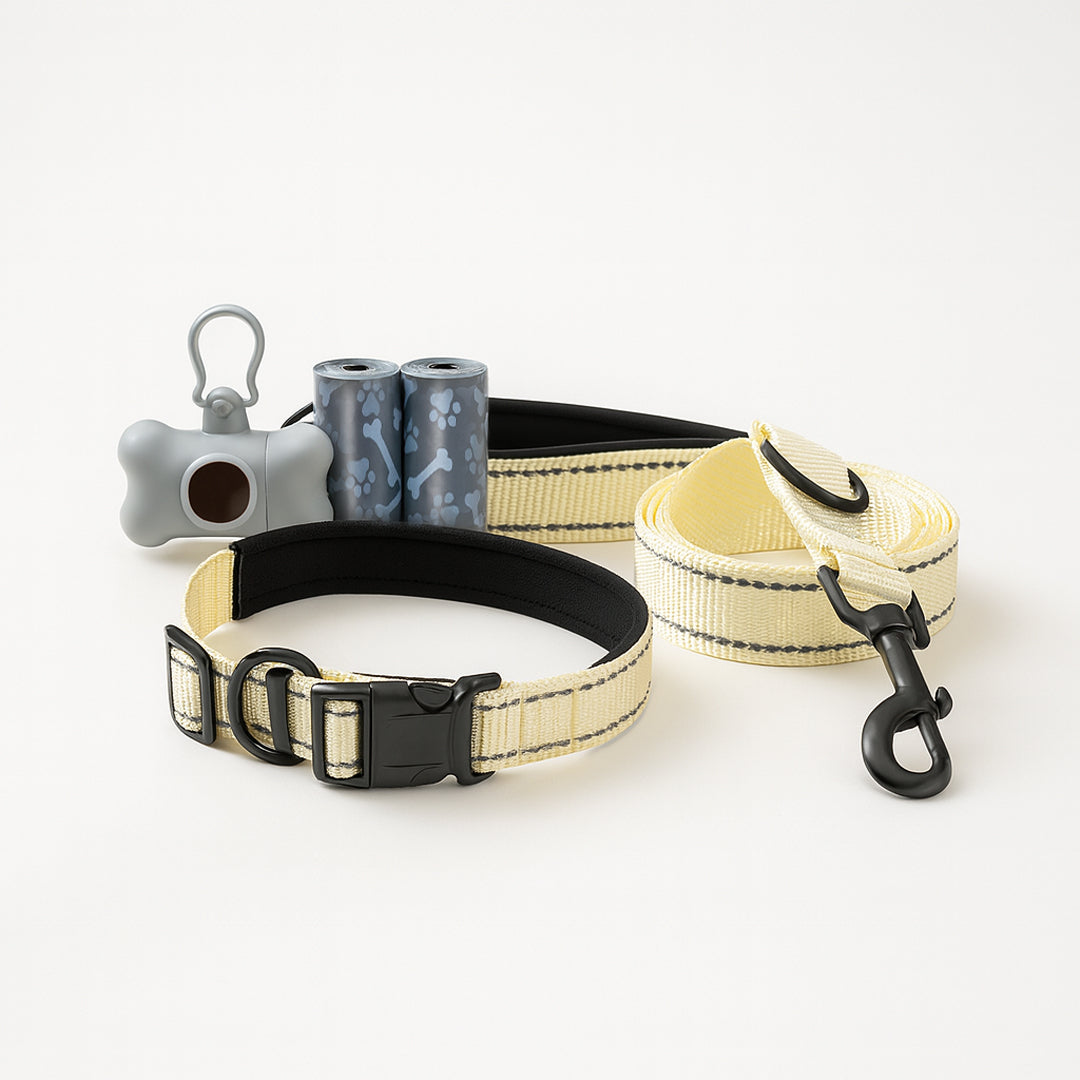 Set Paseo Mascota Reflejante: Correa, Collar y Dispensador de Bolsas - Color Beige