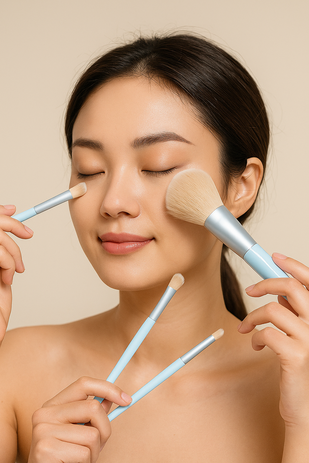 Cosmetiquera Plata con 9 Brochas de Maquillaje