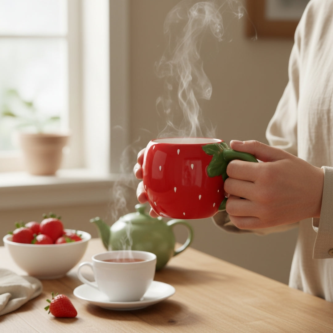 Taza de Cerámica 3D - 300 ml  Fresa con Asa Verde