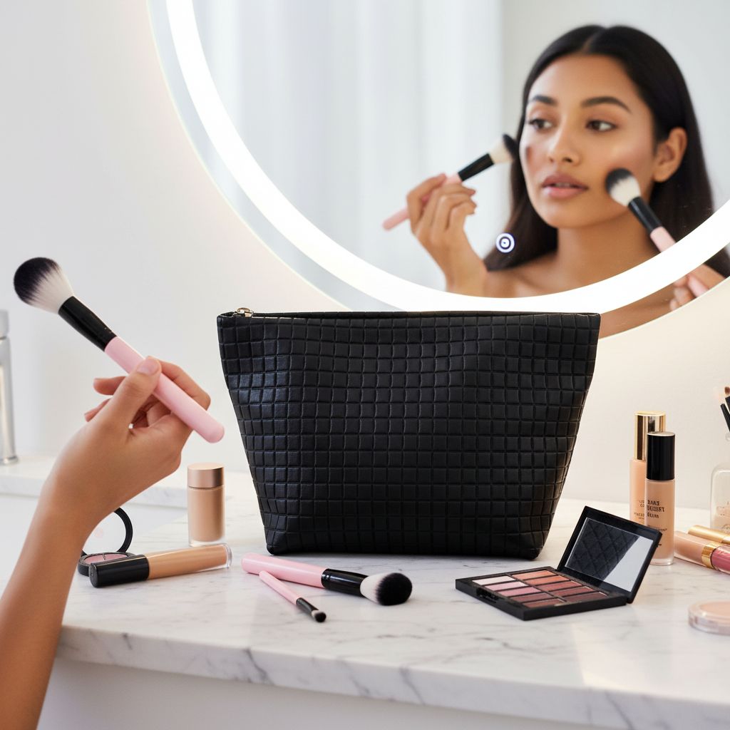 Cosmetiquera Negra con 11 Brochas de Maquillaje