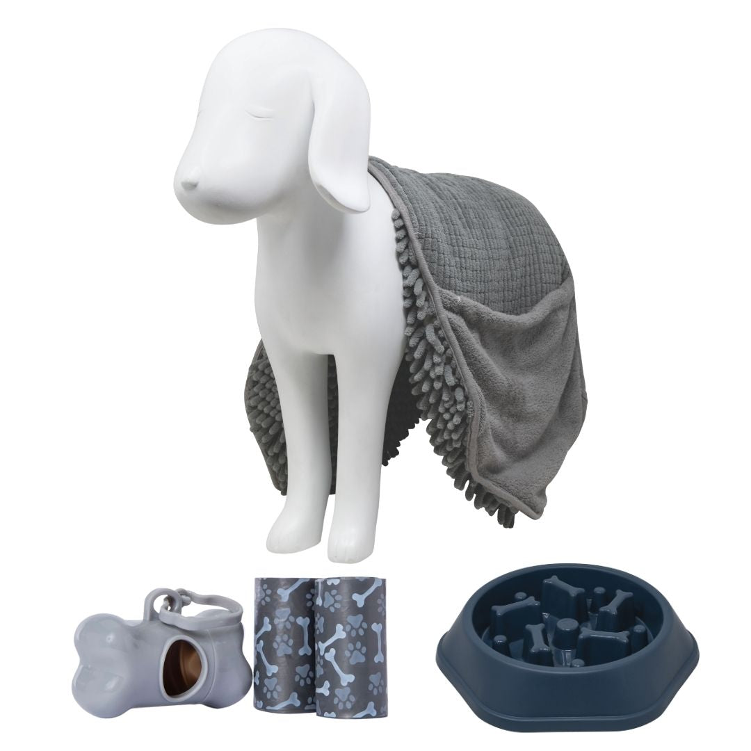 Kit Mascota: Porta Bolsas, Plato Lento Azul y Toalla