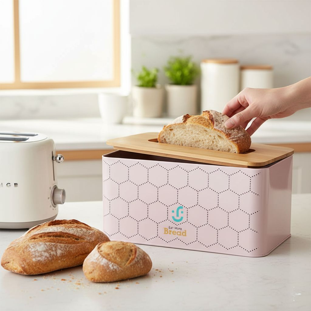 Contenedor Metálico Rectangular con Tapa de Bambú - Panera