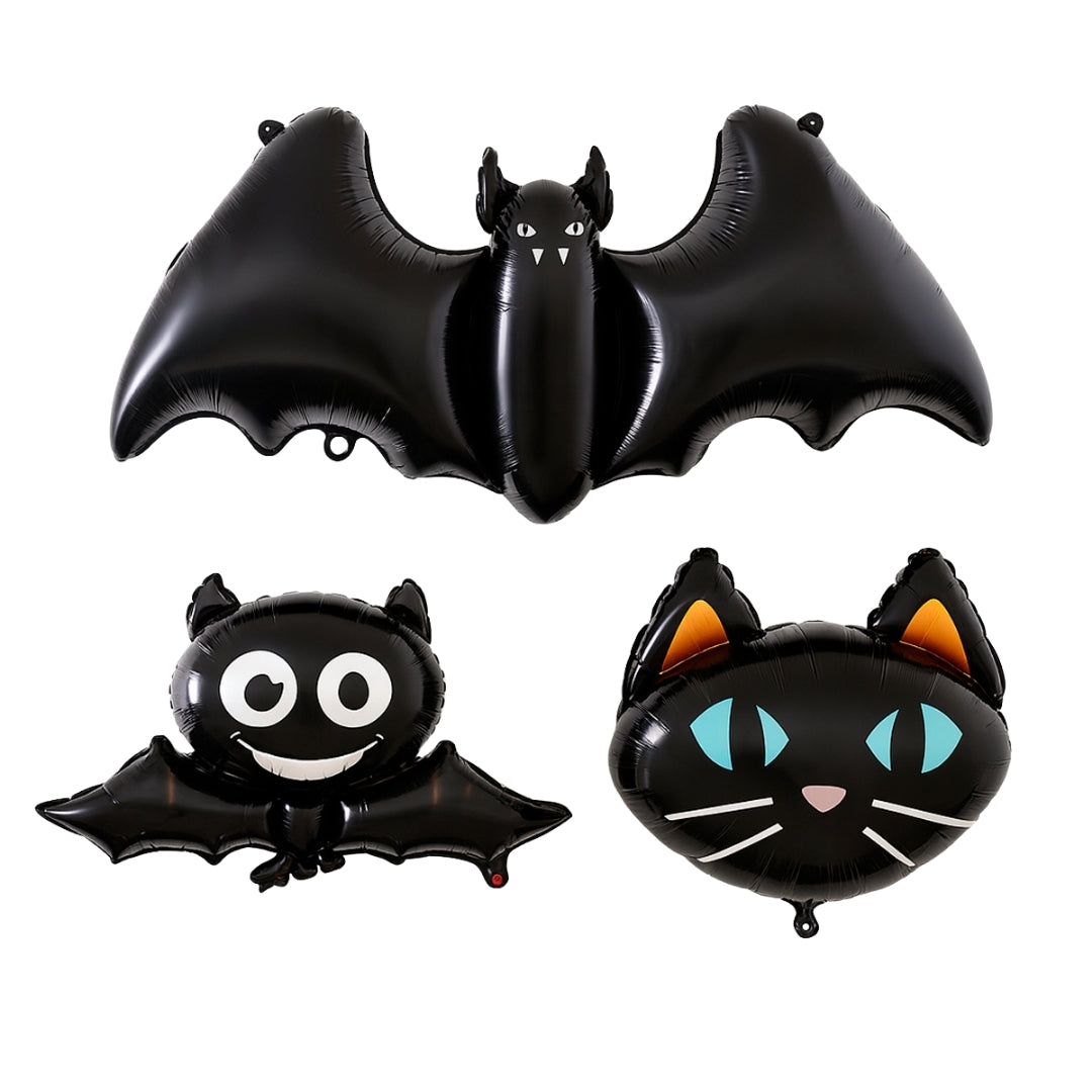 Set de 3 Globos de Halloween: Murciélagos y Gato Negro