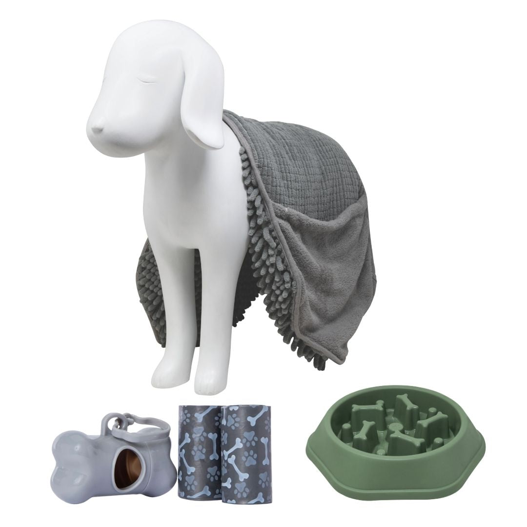 Kit Mascota: Porta Bolsas, Plato Lento Verde y Toalla
