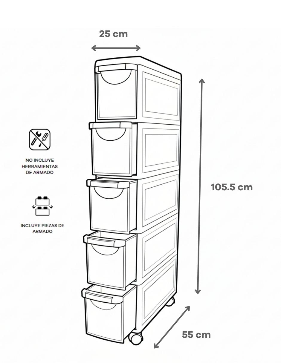 Organizador de Plástico con 5 Cajones y Ruedas