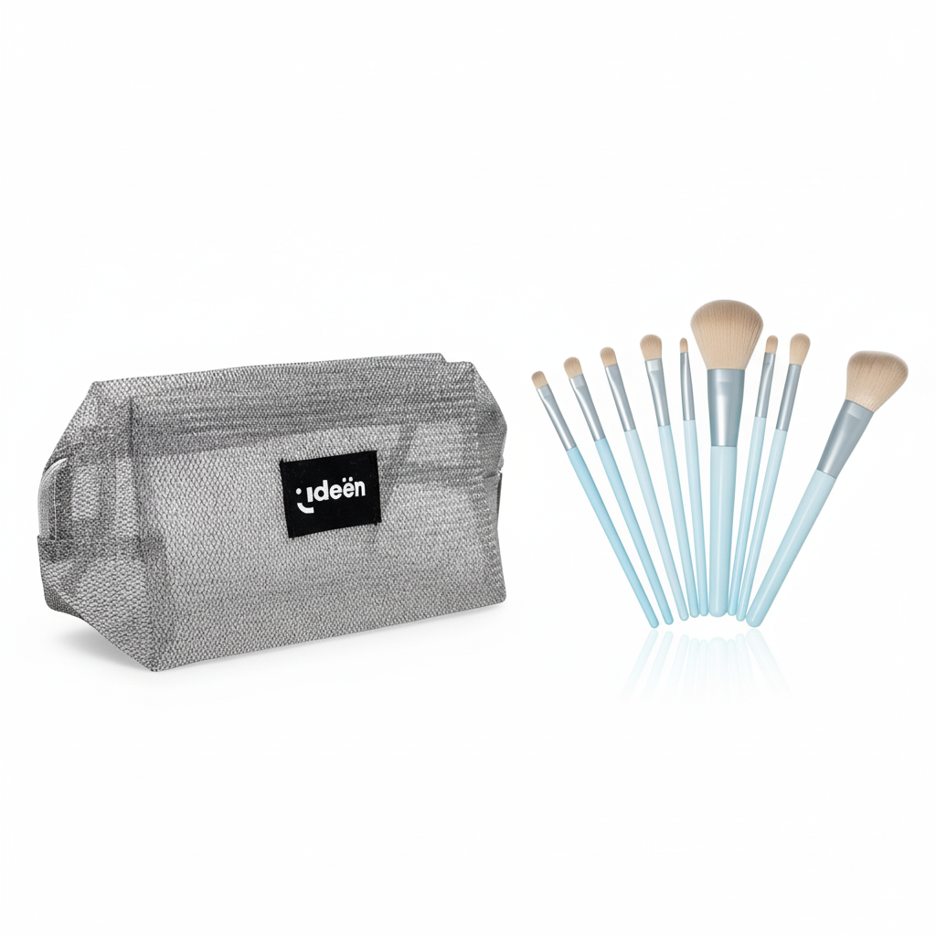 Cosmetiquera Plata con 9 Brochas de Maquillaje