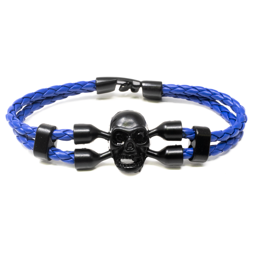 Pulsera Hombre Piel Azul Con Calavera