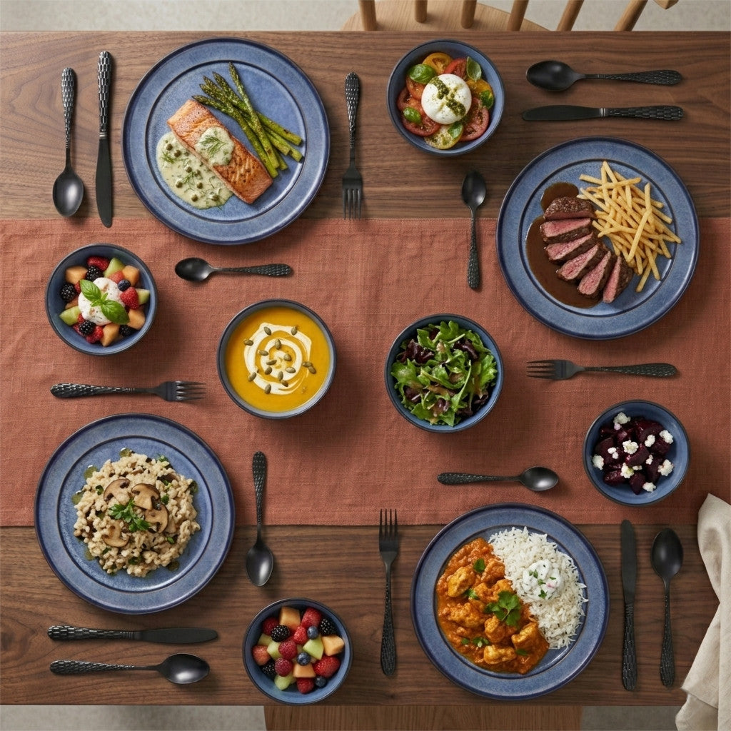 Vajilla Cerámica Tallrikar Azul Jaspeado con Cubiertos