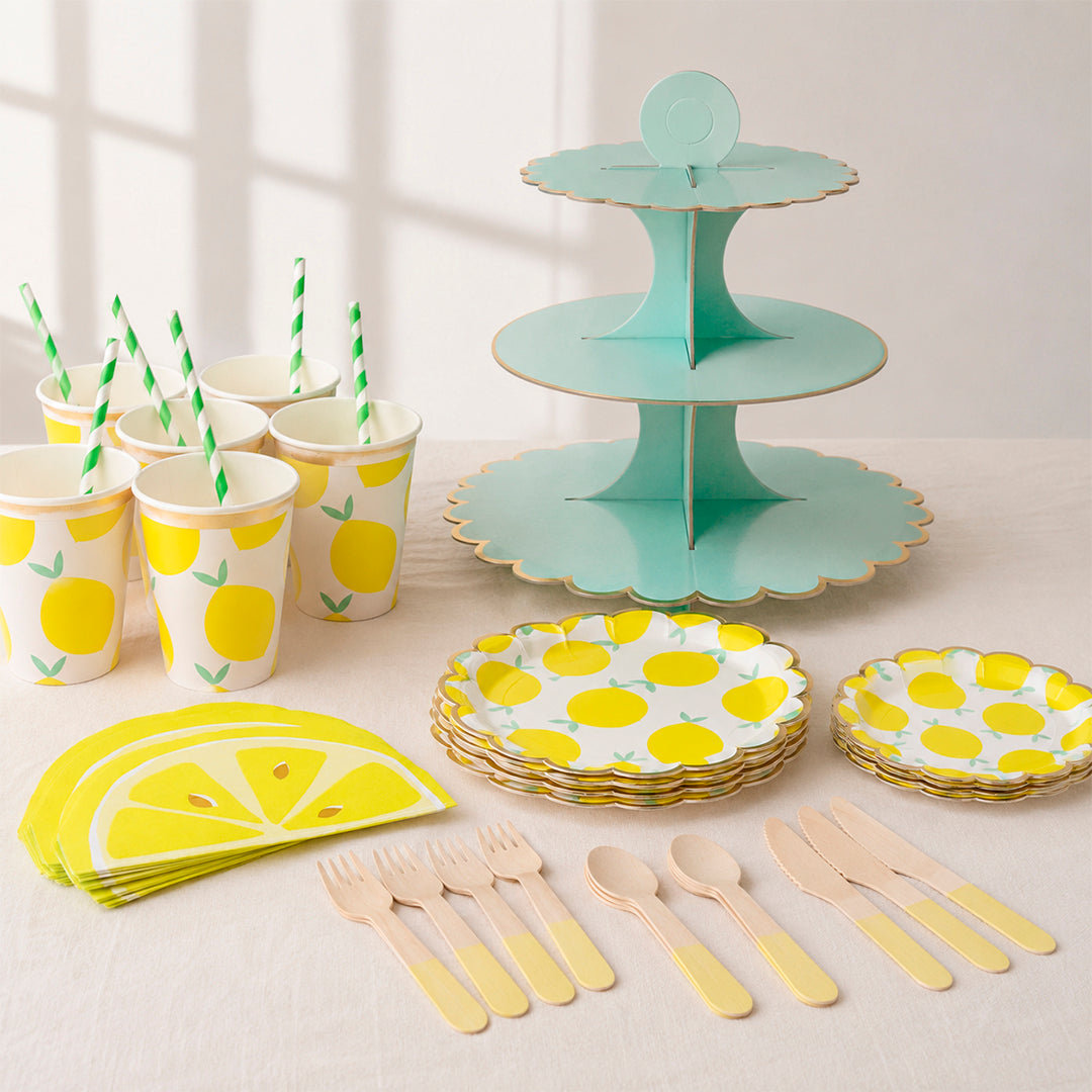 Kit de Fiesta Citrica Limon: Platos, Vasos, Cubiertos, Popotes, Servilletas y Decoración