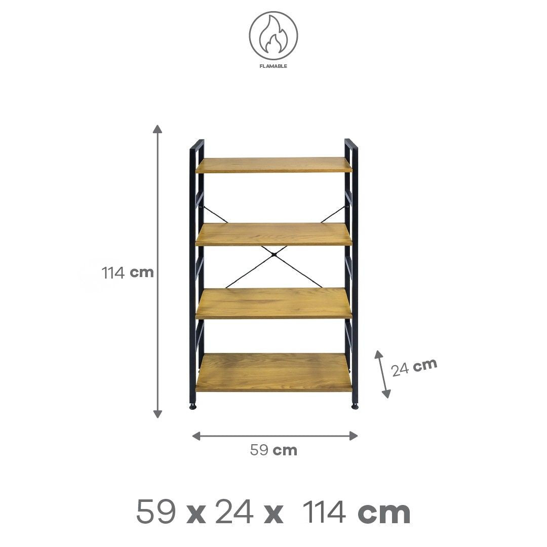 Librero de Estilo Industrial con 4 Estantes de Madera Clara - Color Negro